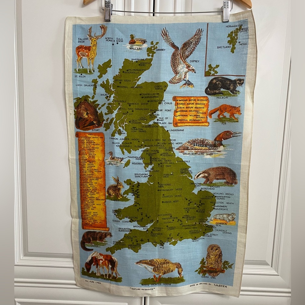 Vtg Ulster Ireland Linen Souvenir Dish Towel Map Great Britain Nature Reserves